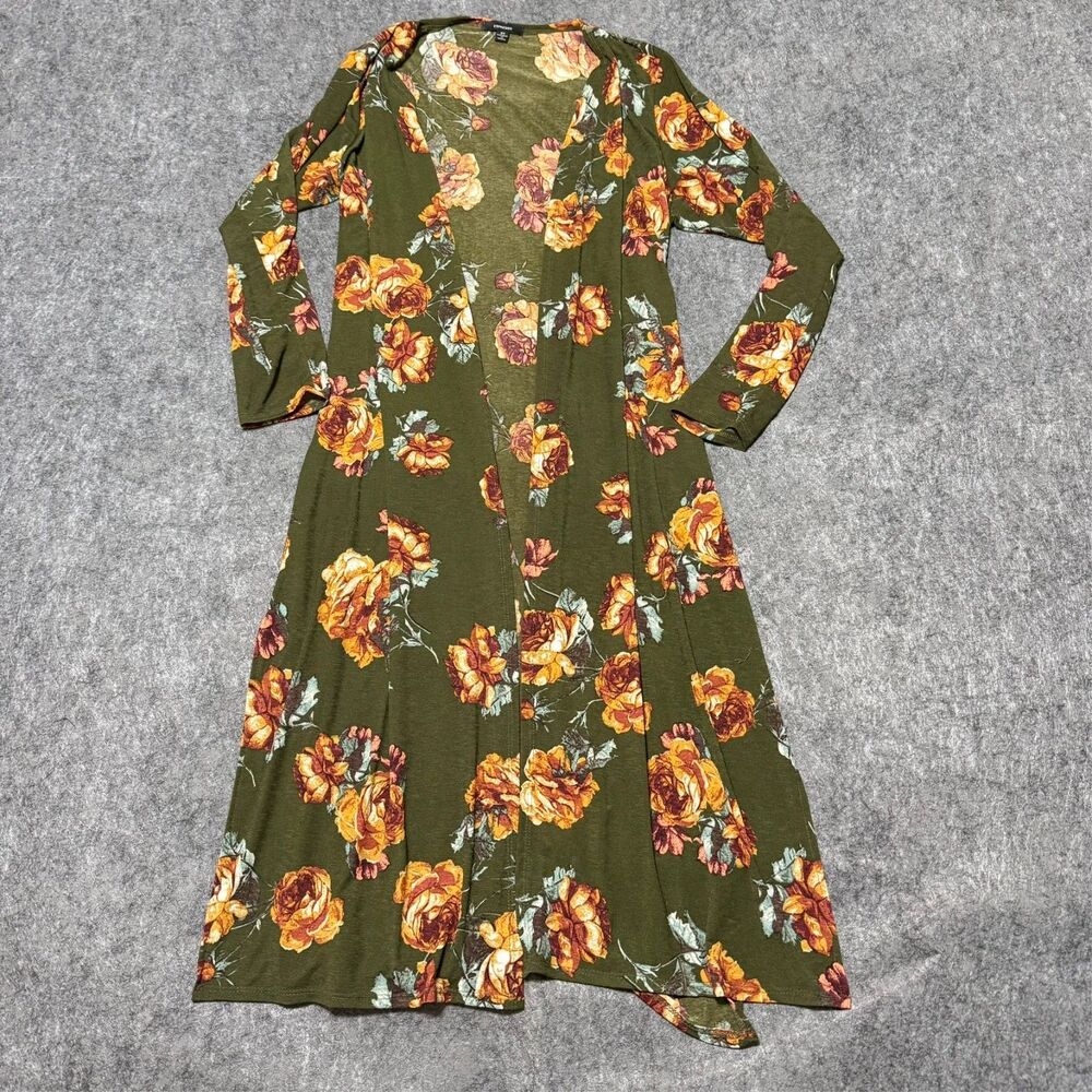 Expresso Womens Cardigan Size 2X Olive Green Floral Open Front Maxi Duster
